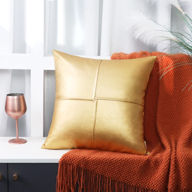 BRAWARM Faux Leather Throw Pillow Covers 18 X 18 Inches, Gold Leather Pillow Covers Pack of 2, Hand Stitched Leather Decorative Throw Pillows for Couch Sofa Bed Living Room Home Garden - Image 4